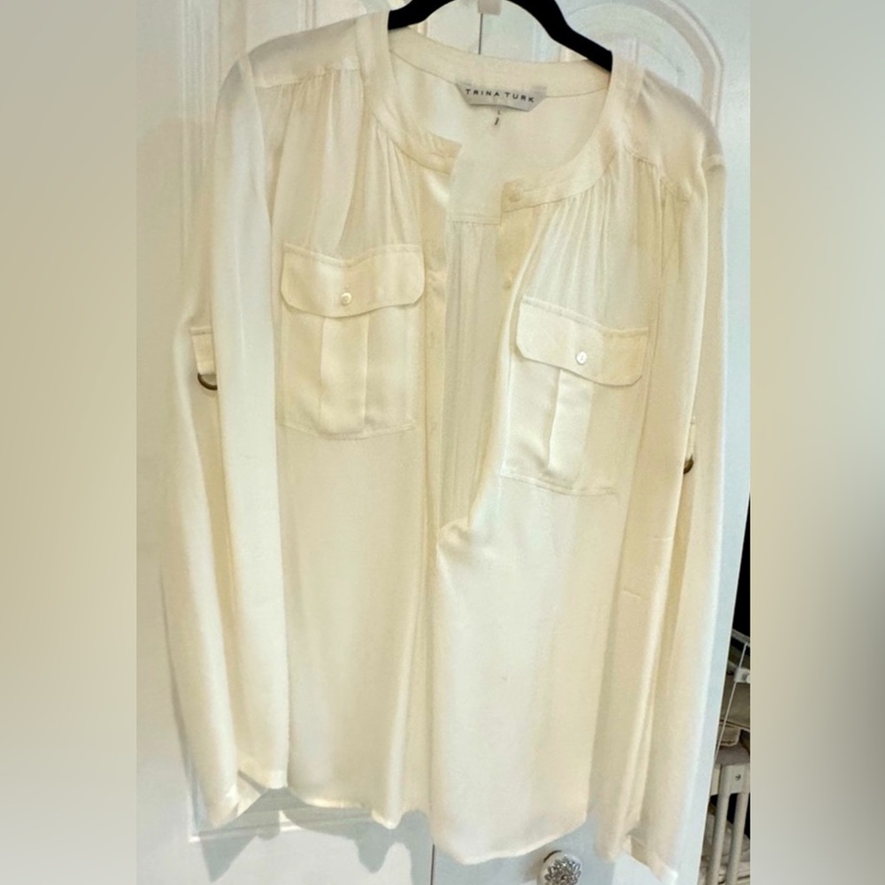 Trina Turk Cream Long Sleeve Mandarin Collar Blouse
